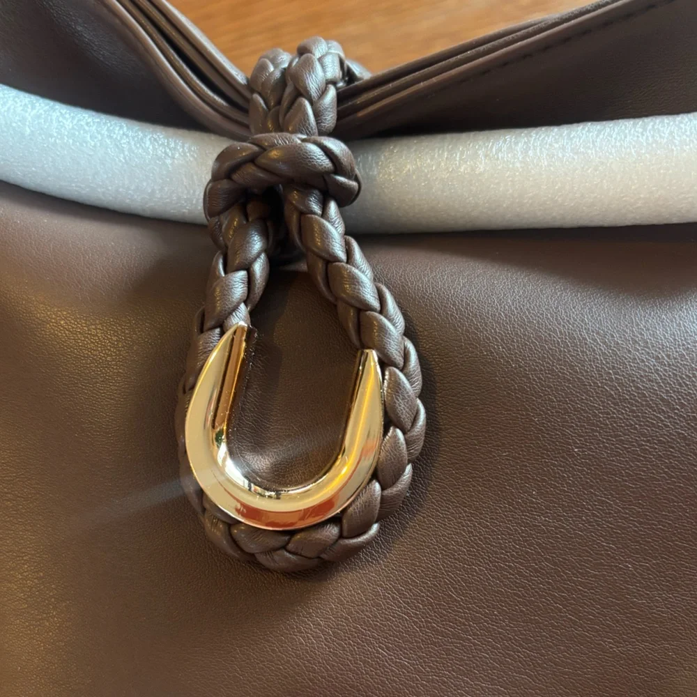 NWT Anthropologie / Aota Twist Tie Top-Handle Bucket Bag Chocolate Brown Woven